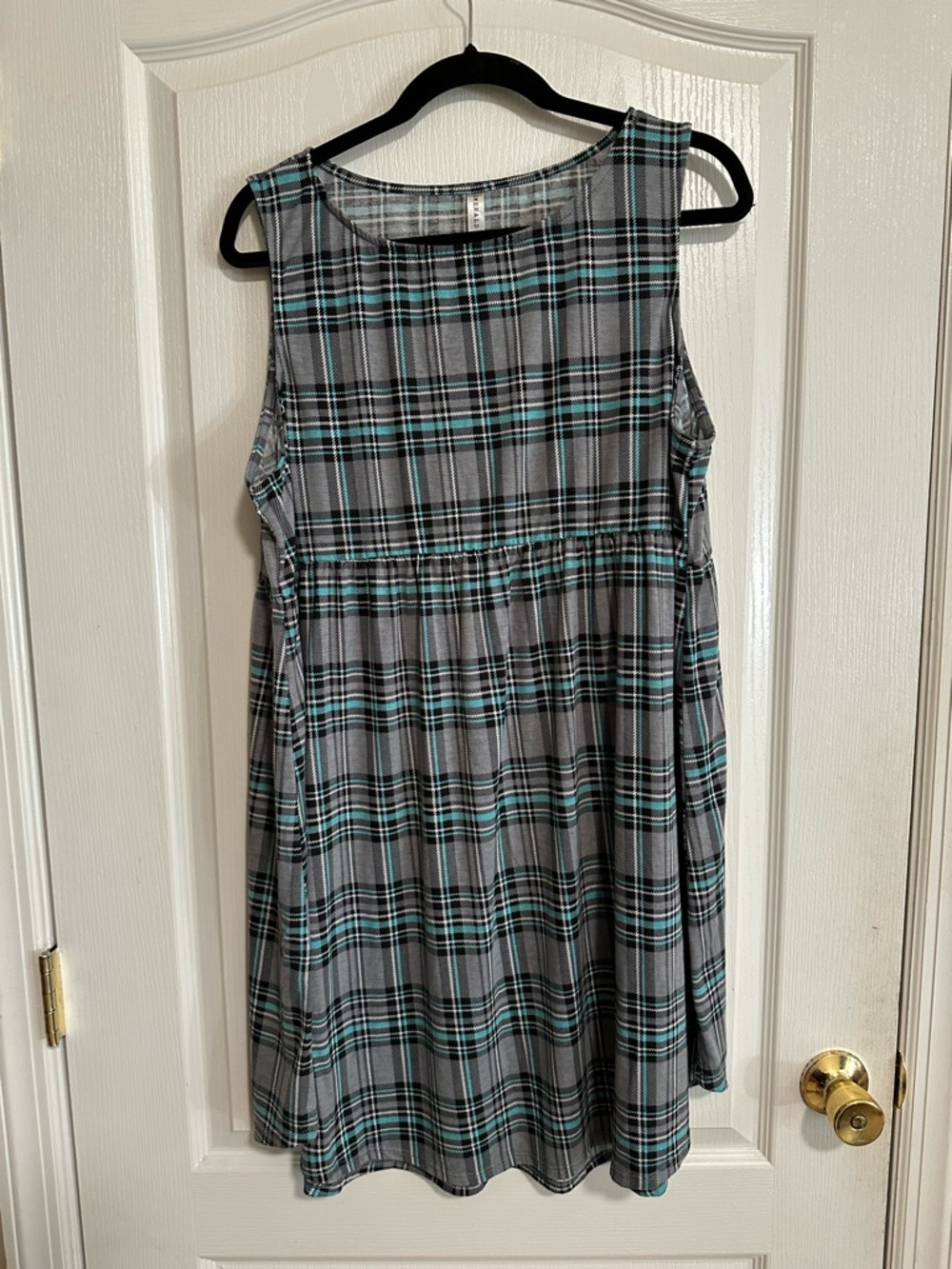 Emerald Gray Plaid Dress with Teal Stripes